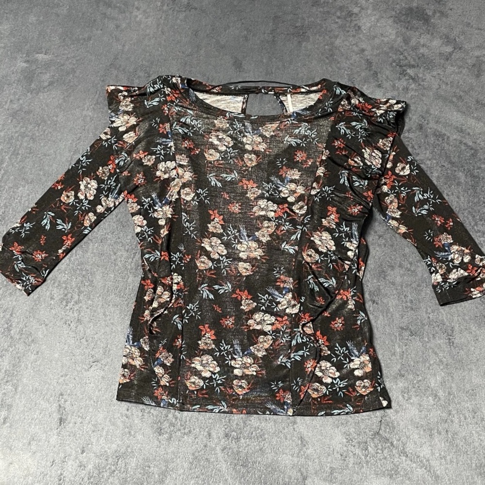 Free People Dock Street Womens M Black Floral Ruffle 3/4 Sleeve Top Whimsigoth